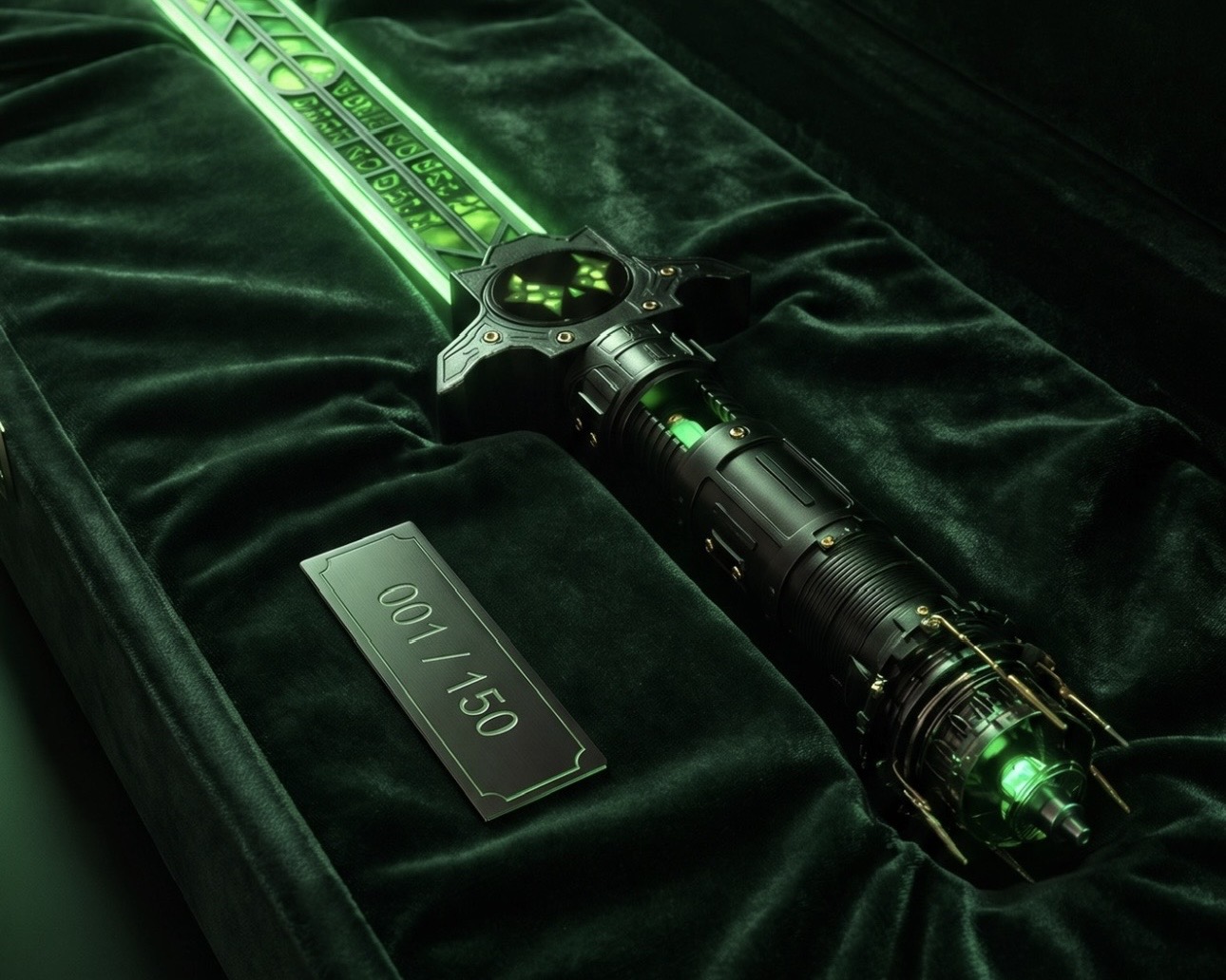 The Latverian saber on green velvet with its 001/150 numbered plaque